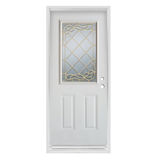 Dusco Doors 32-in x 80-in x 4-5/8-in Brass 1/2 Lite 2-Panel Prefinished White Left-Hand Inswing Steel Prehung Front Door