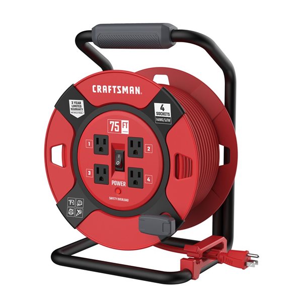 CRAFTSMAN 75-ft 14 AWG Cable Heavy-Duty Indoor/Outdoor Retractable Extension Cord with 4 Outlets