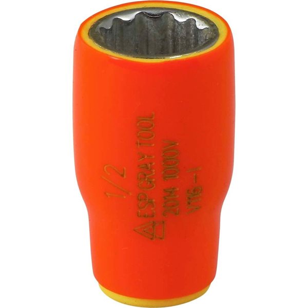 Gray Tools 1/2-in x 1/4-in Drive 12-Point Standard Matte Shallow Socket - 1000 V Insulated