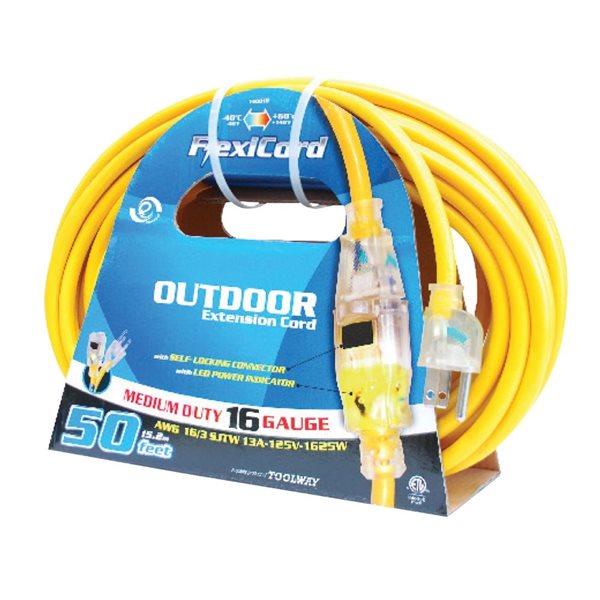 FlexiCord 50-ft Outdoor SJTW 16/3 1-Outlet Lighted Extension Cord - Yellow