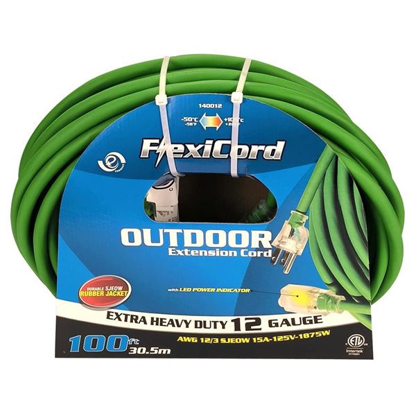 FlexiCord 100-ft Outdoor SJEOW 12/3 1-Outlet Lighted Extension Cord - Green