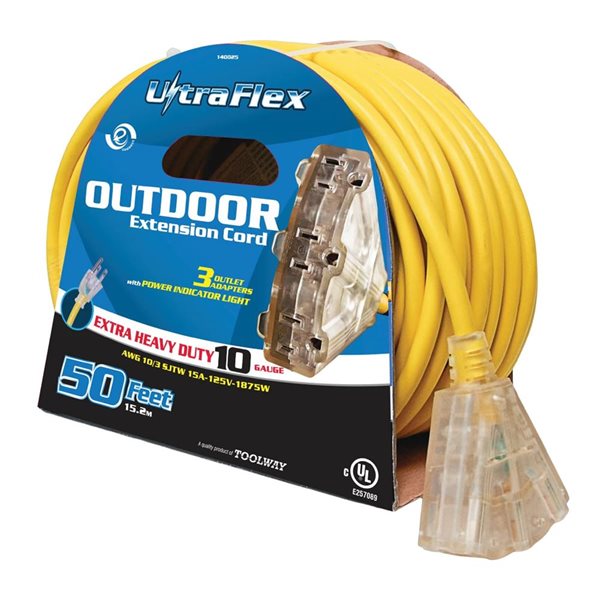 FlexiCord 100-ft Outdoor/Indoor SJTW 10/3 Lighted 3-Tap Extension Cord - Yellow