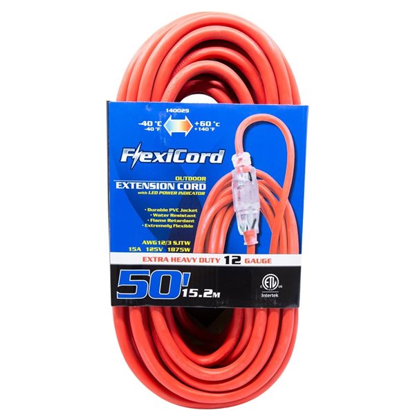 FlexiCord 50-ft Outdoor SJTW 12/3 Lighted Single Tap Extension Cord - Yellow