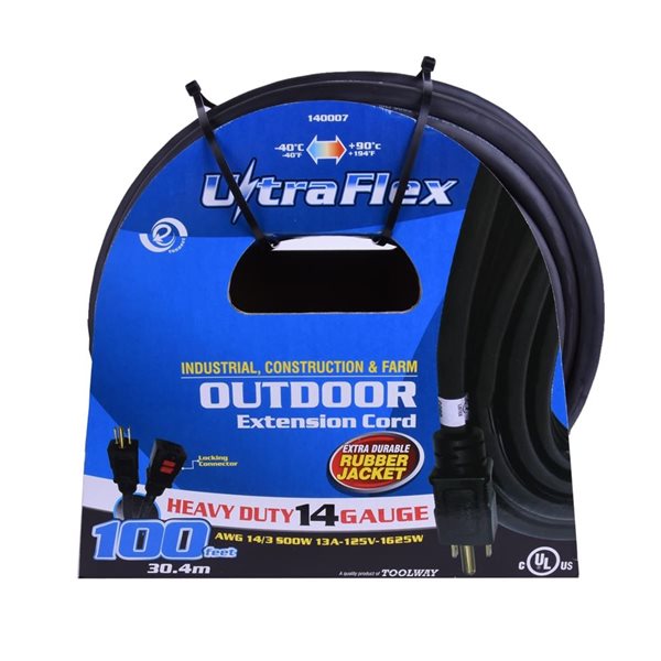 FlexiCord 100-ft Outdoor SEOOW 14/3 Single Tap Extension Cord - Black Rubber