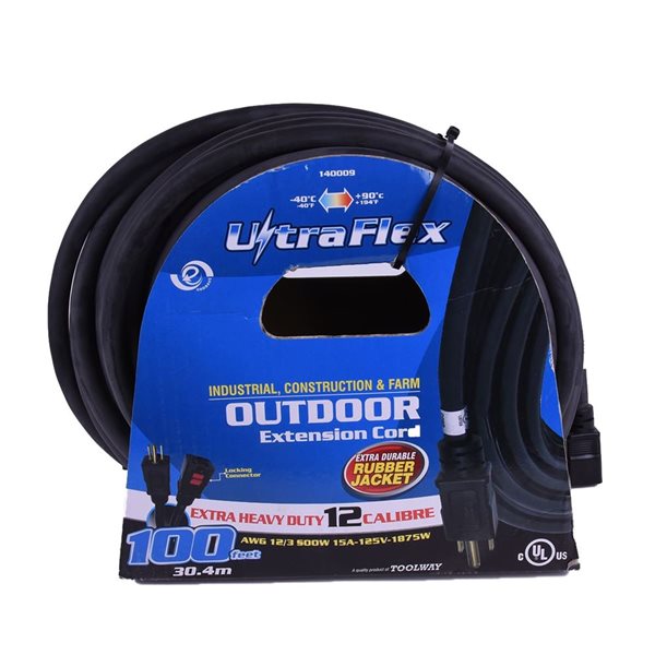 FlexiCord 100-ft Outdoor SEOOW 12/3 Single Tap Extension Cord - Black Rubber