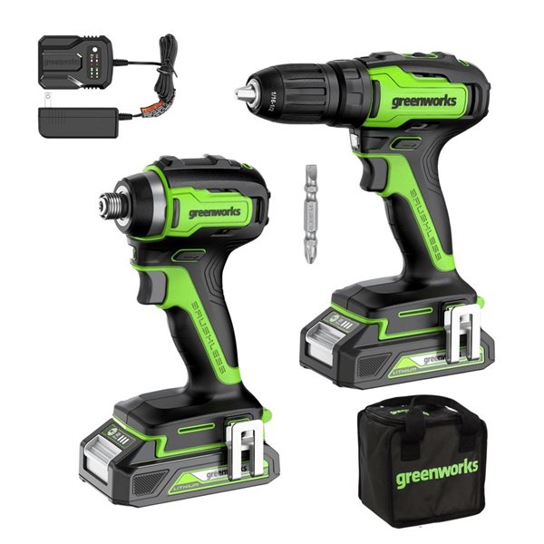 Greenworks 24V Brushless Drill/Driver & Impact Driver Kit with Variable Speed, 2 x 2.0Ah Batteries & Charger