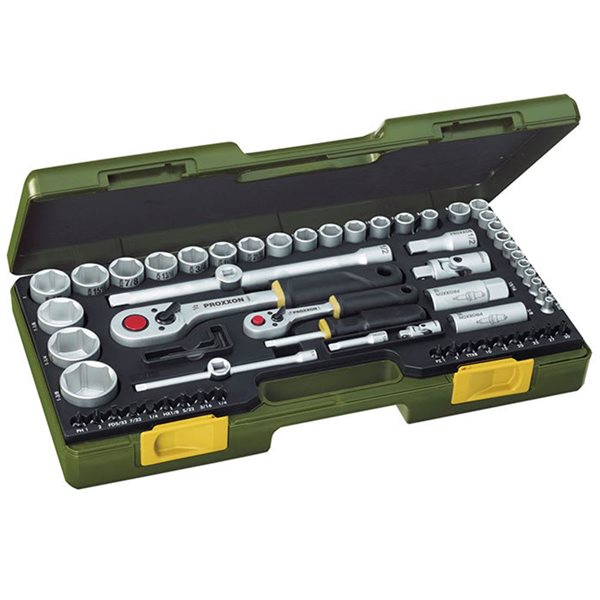 PROXXON 65-Pc Chrome Vanadium Steel SAE Ratchet and 6-Point Socket Set