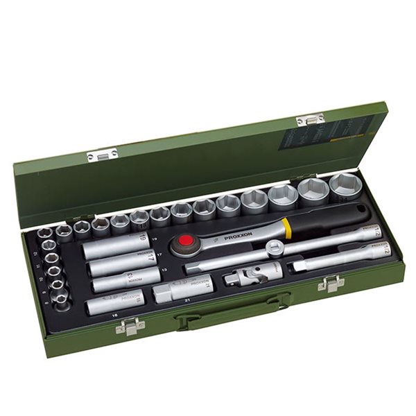 PROXXON 29-Pc Metric Chrome Vanadium Steel Ratchet and 6-Point Socket Set