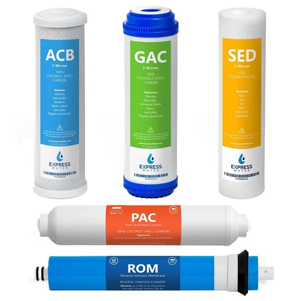 Express Water 6-Month 5-Filter 50 GPD RO Membrane Reverse Osmosis Filter Set - 10-in Under Sink