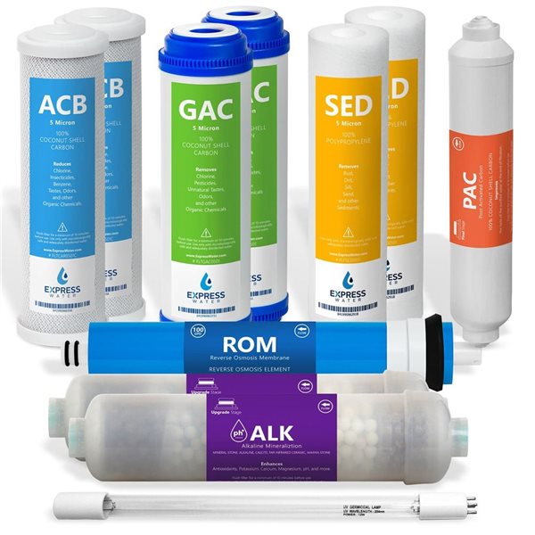 Express Water 1-Year 10-in Alkaline UV Reverse Osmosis Filter Set - 11 Filters 100 GPD RO Membrane