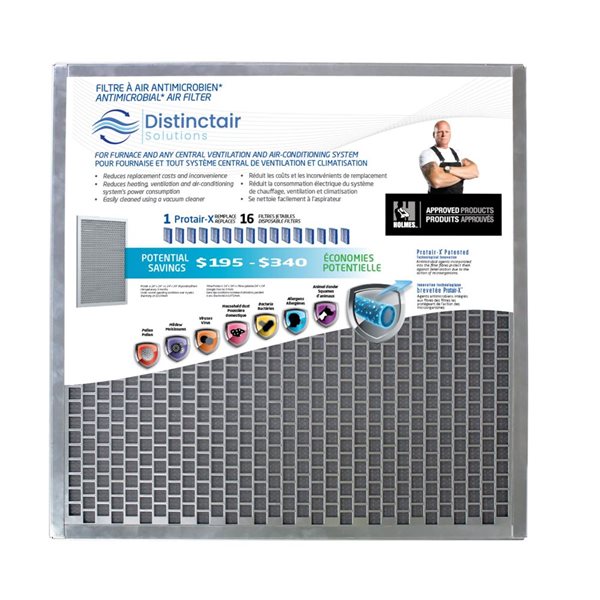 Mike Holmes DISTINCTAIR 24x24x1 Long Lasting Washable, Antibacterial Filter, Captures + Eliminates Bacteria