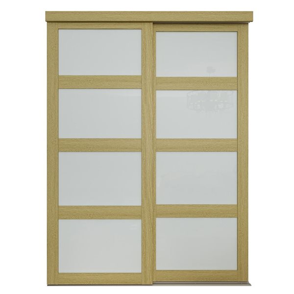 MenCraft 48 x 80-1/2-in White Oak 4-Lite Opaque Frosted Glass Sliding Door