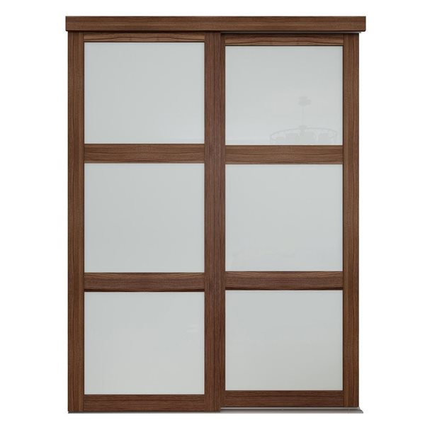 MenCraft 48 x 80-1/2-in Dark Walnut 3-Lite Opaque Frosted Glass Sliding Door