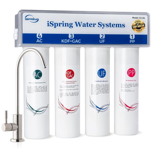 iSpring Ultrafiltration Series Under Sink Water Filter 4-Stage High Capacity with Brushed Nickel Faucet