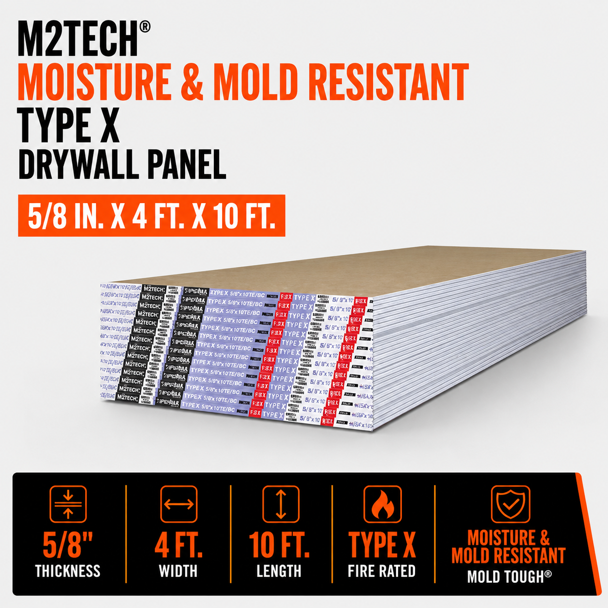 5-8 in x 4 ft x 10 ft M2Tech Moisture & Mold Resistant Type X Drywall Panel