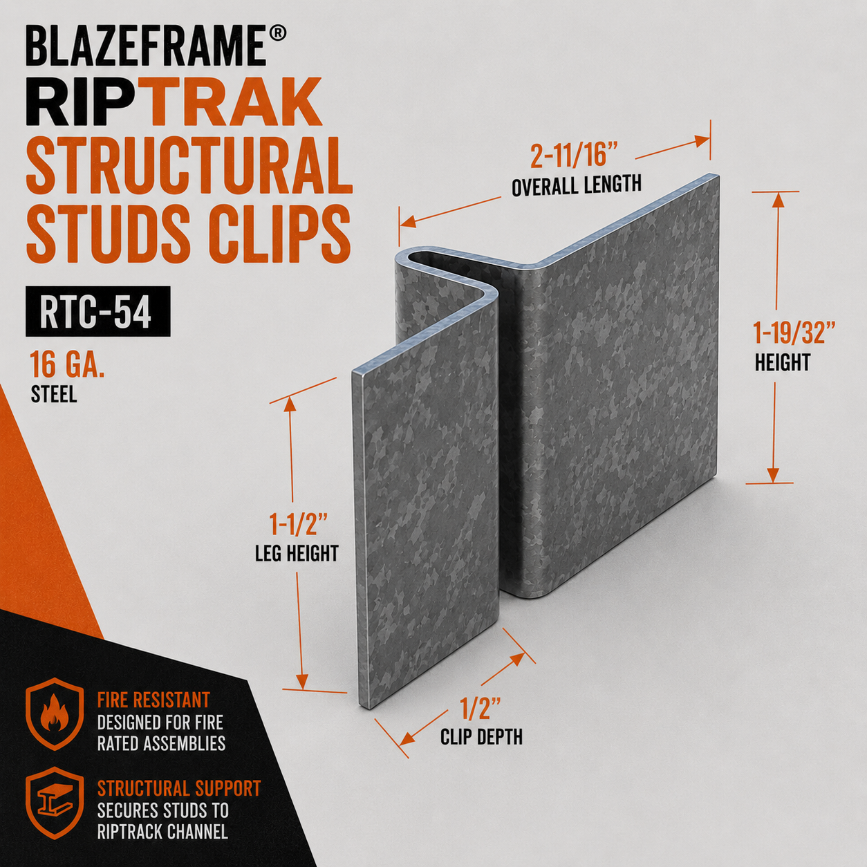 16 ga. RTC-54 BlazeFrame® RipTRAK Structural Studs Clips