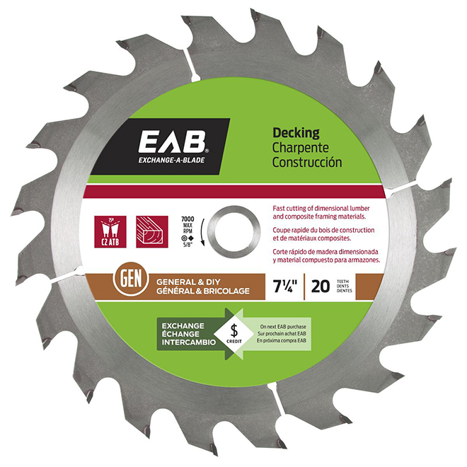 EAB Tool Carbide Saw Blade for Decking - 7 1/4-in x 20 Teeth - Exchangeable