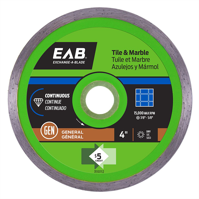 EAB Green Series Diamond Continuous Circular Blade - 4-in Dia - 5/8-7/8-in Arbour