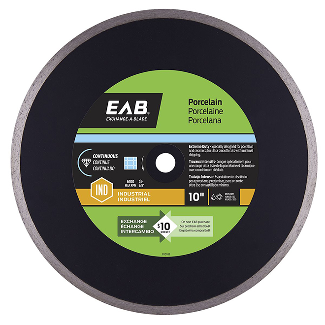 EAB Continuous Rim - Recyclable Exchangeable - Porcelain Tile Industrial Diamond Blade - Black - 10-in dia