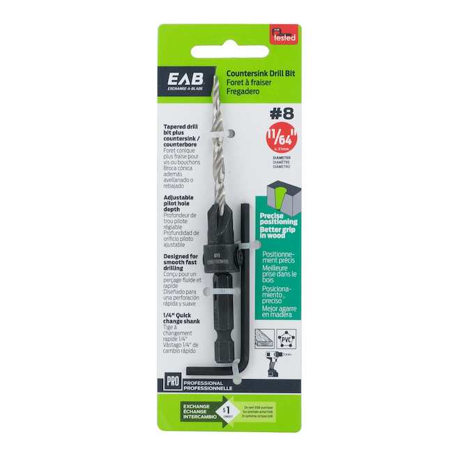 EAB Countersink Drill Bit Tapered 11/64-in x #8 with 1/4-in Quick Change Shank