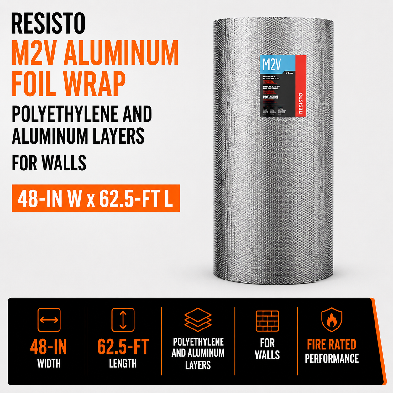 Resisto M2V Aluminum Foil Wrap - Polyethylene and Aluminum Layers - 48-in W x 62.5-ft L - For Walls