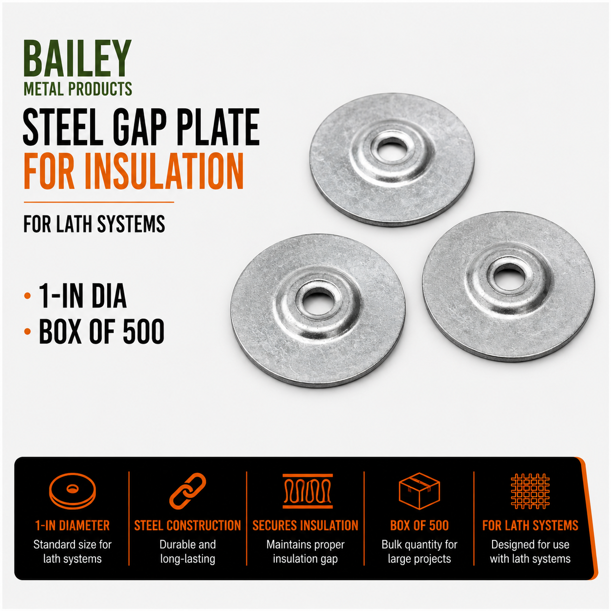 Bailey Metal Products Steel Gap Plate for Insulation - Box of 500 - 1-in dia - For Lath Systems