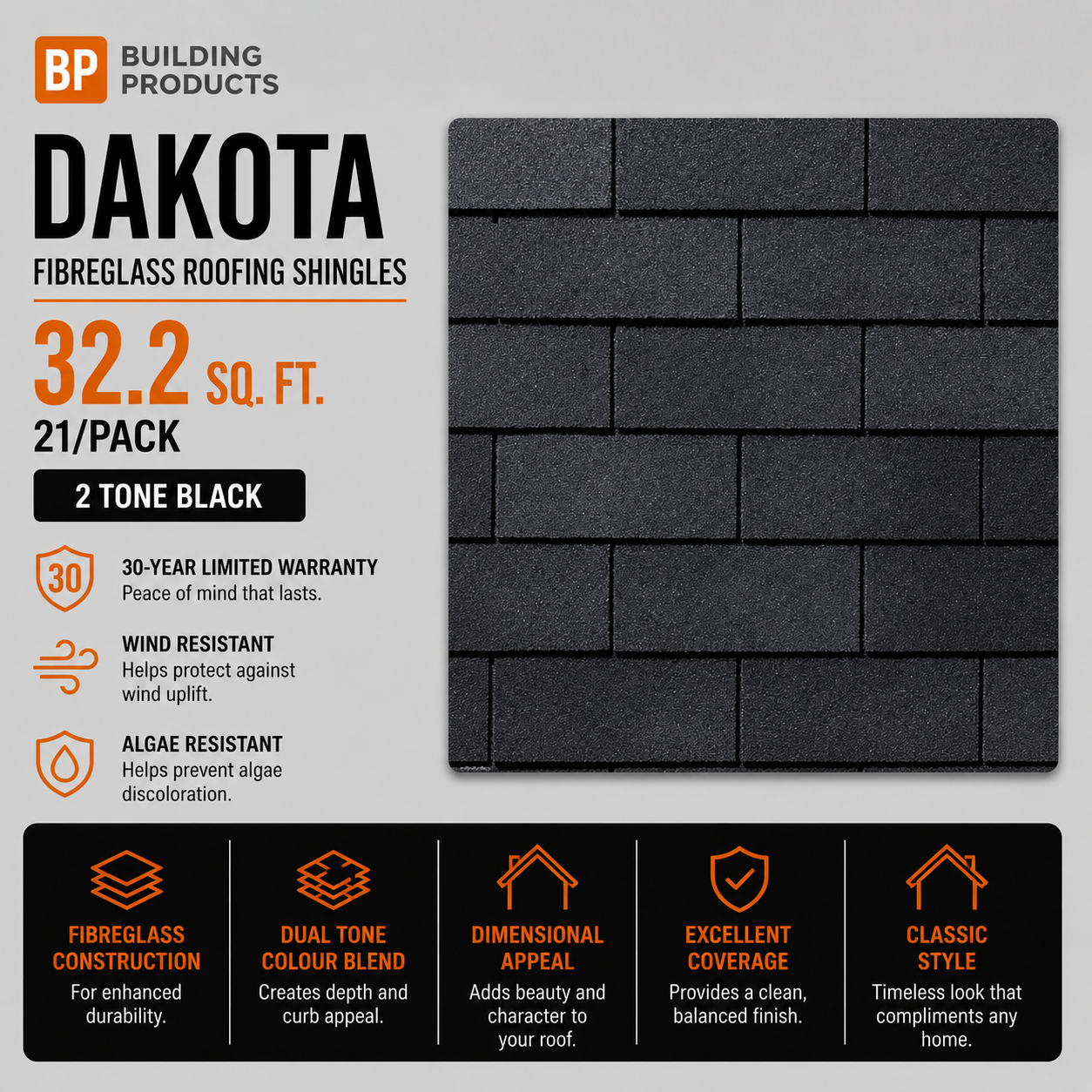 BP Dakota 32.2 sq. ft. 21/Pack 2 Tone Black Fibreglass Shingles