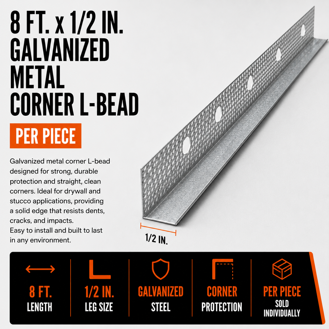 8 ft. x 1/2 in. Galvanized Metal Corner L-Bead (Per Piece)