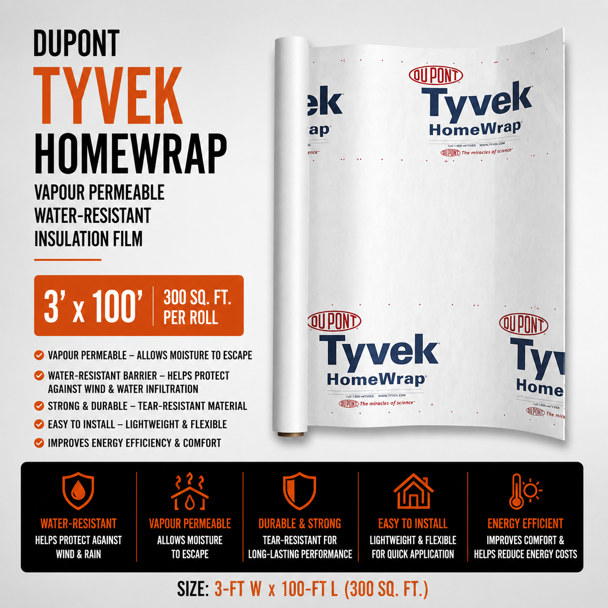 Du Pont Tyvek 3-ft x 100-ft Vapour Permeable Water-Resistant Insulation Film