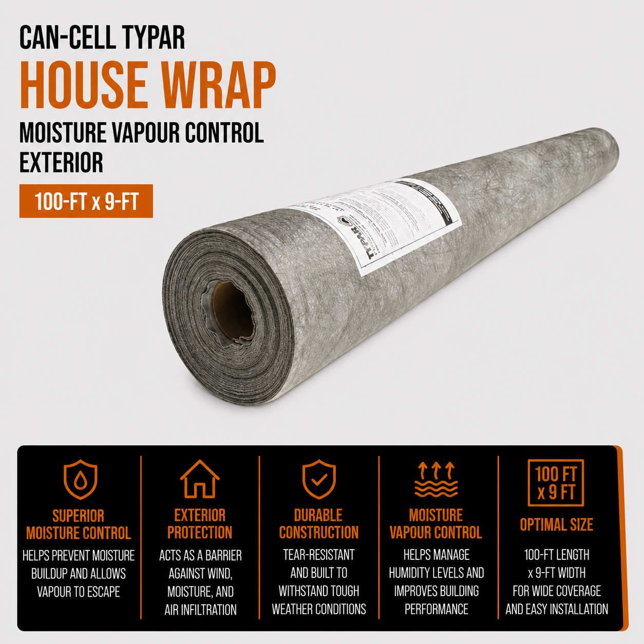 Can-Cell Typar House Wrap - Moisture Vapour Control - Exterior - 100-ft x 9-ft