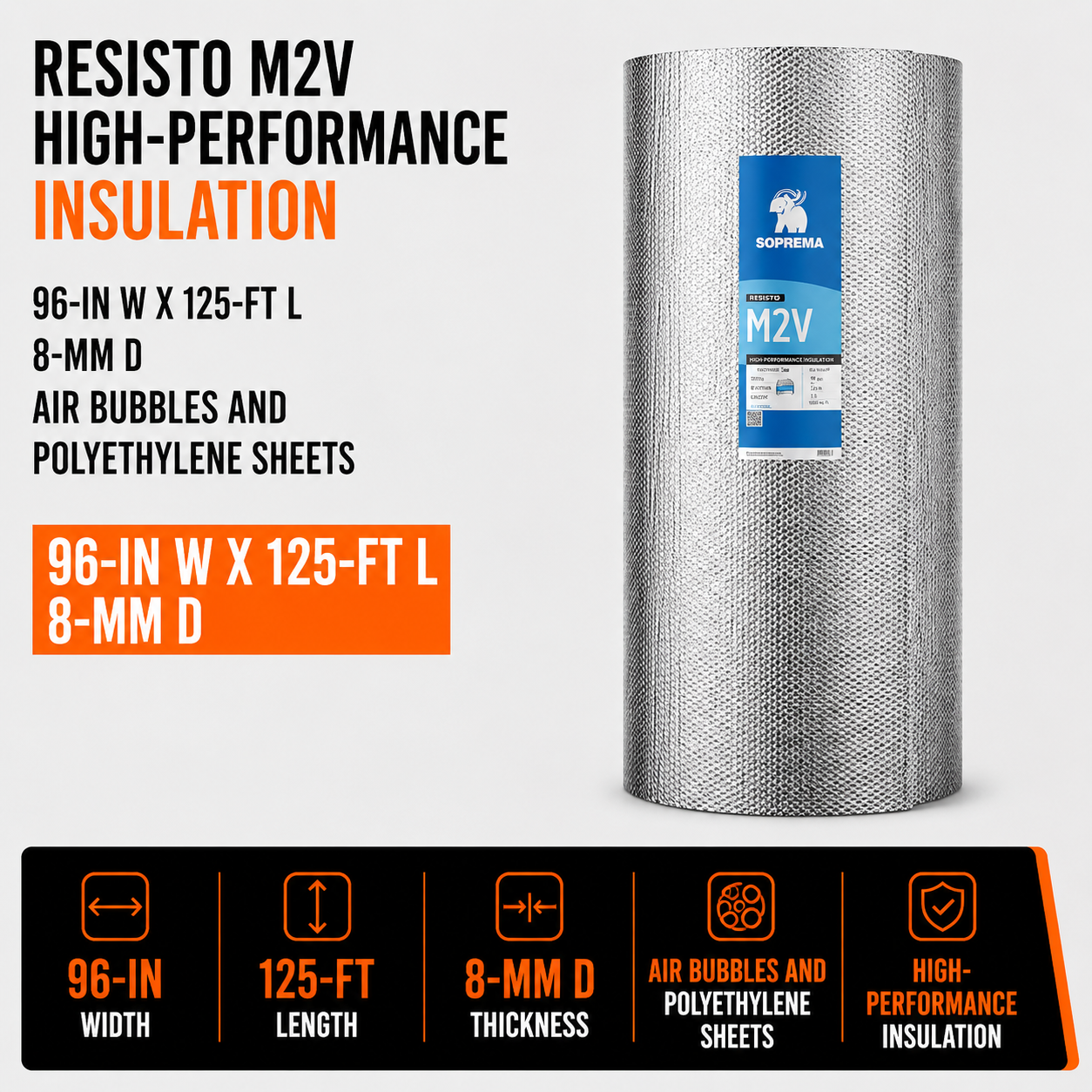 Resisto M2V High-Performance Insulation - 96-in W x 125-ft L - 8-mm D - Air Bubbles and Polyethylene Sheets