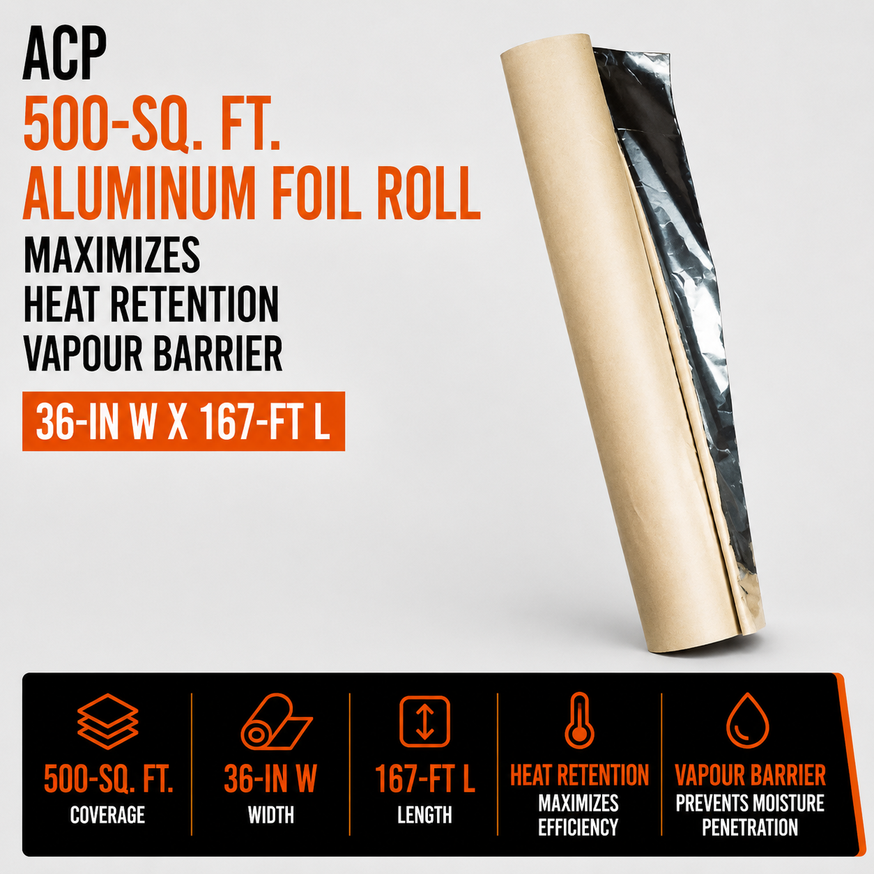 ACP 500-sq. ft. Aluminum Foil Roll - Maximizes Heat Retention - 36-in W x 167-ft L - Vapour Barrier