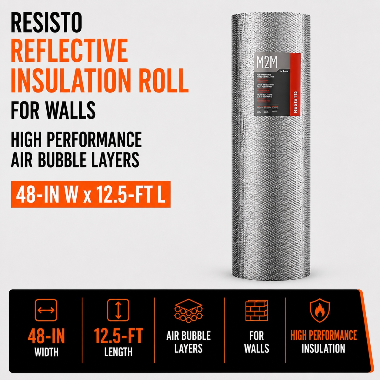 Resisto Reflective Insulation Roll for Walls - High Performance - Air Bubble Layers - 48-in W x 12.5-ft L