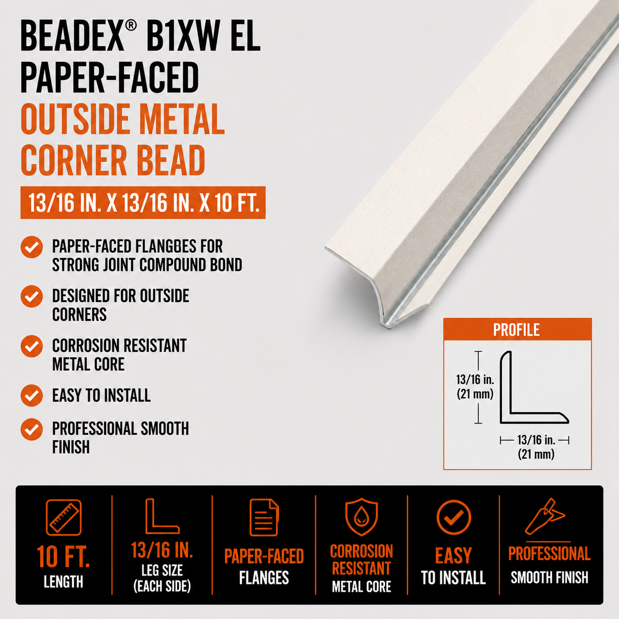 0.8125 in x 0.8125 in x 10 ft Beadex B1XW EL Paper-Faced Outside Metal Corner Bead
