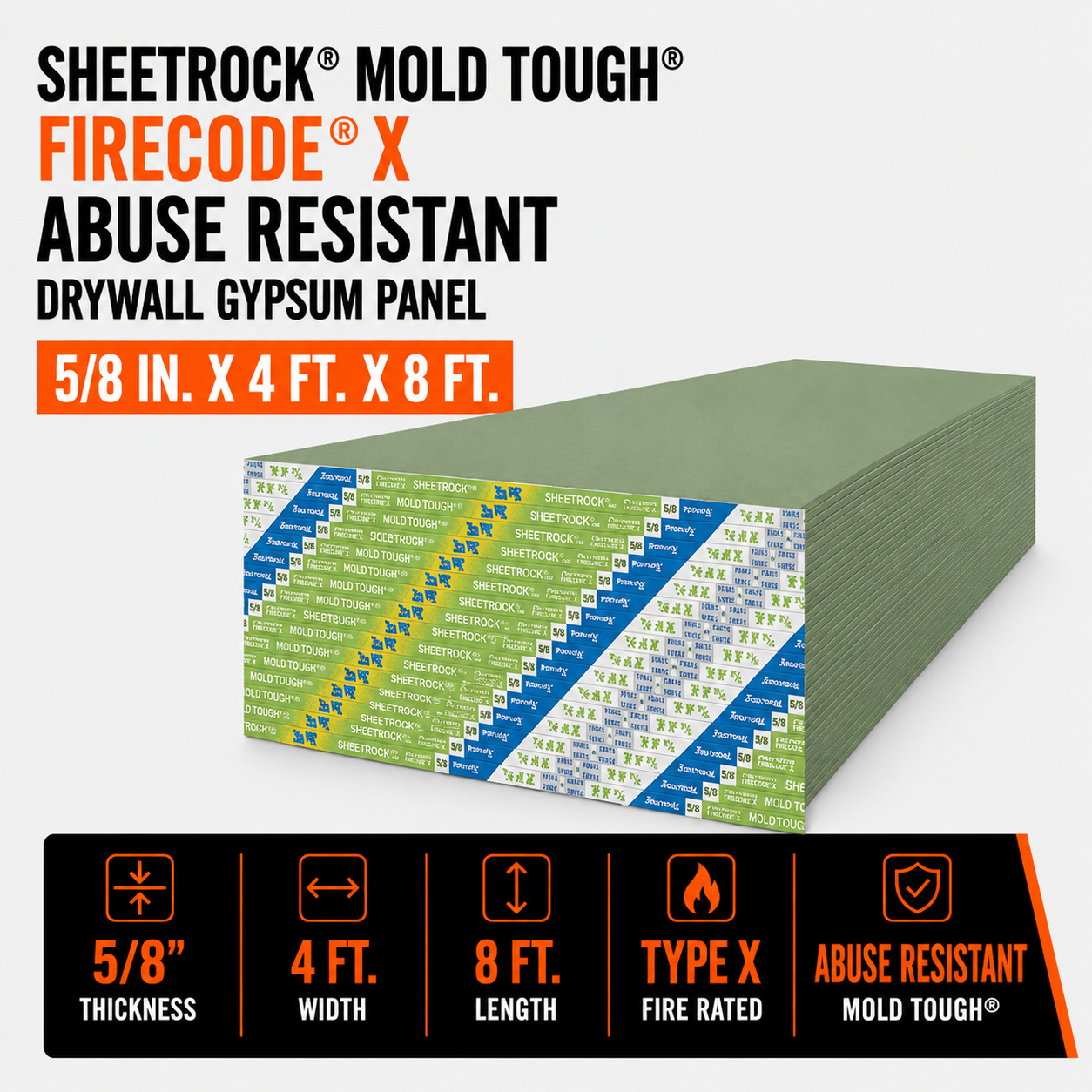 5/8 in. x 4 ft. x 8 ft. Sheetrock® Mold Tough® Firecode® X Abuse Resistant Drywall Gypsum Panel