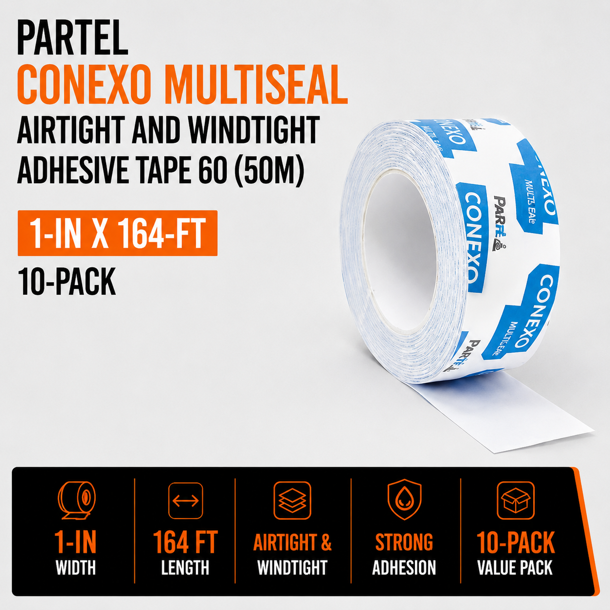PARTEL Conexo Multiseal Airtight and Windtight Adhesive Tape 60 (50M) 1-in x 164-ft - 10-Pack