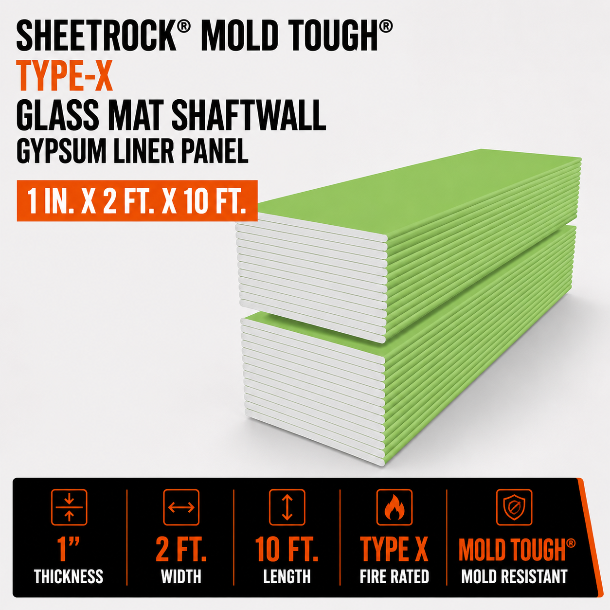 1 in x 2 ft x 10 ft Sheetrock Mold Tough Type-X Glass Mat Shaftwall Gypsum Liner Panel