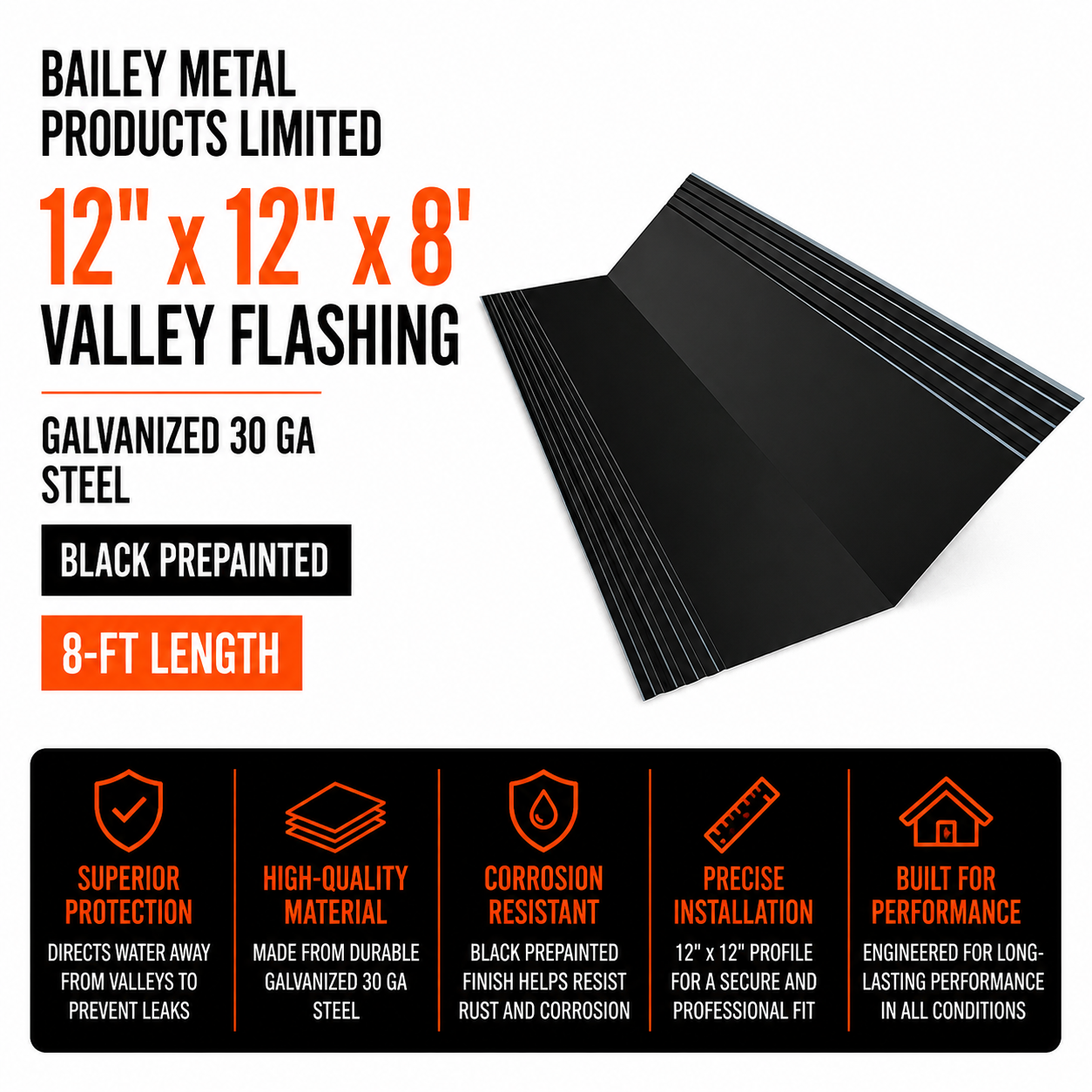 Bailey Metal Products Limited 12-in x 12-in x 8-ft Galvanized 30 Ga Valley Flashing - Black Prepainted