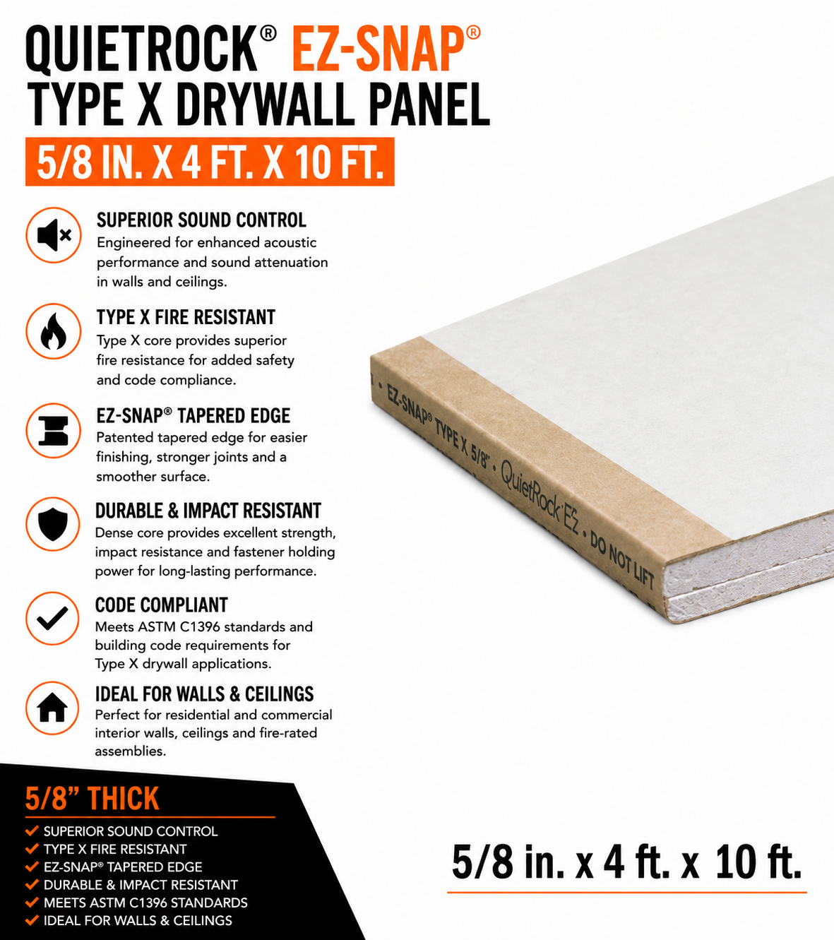 5:8-in. x 4 ft. x 10 ft. QuietRock EZ-SNAP Type X Drywall Panel