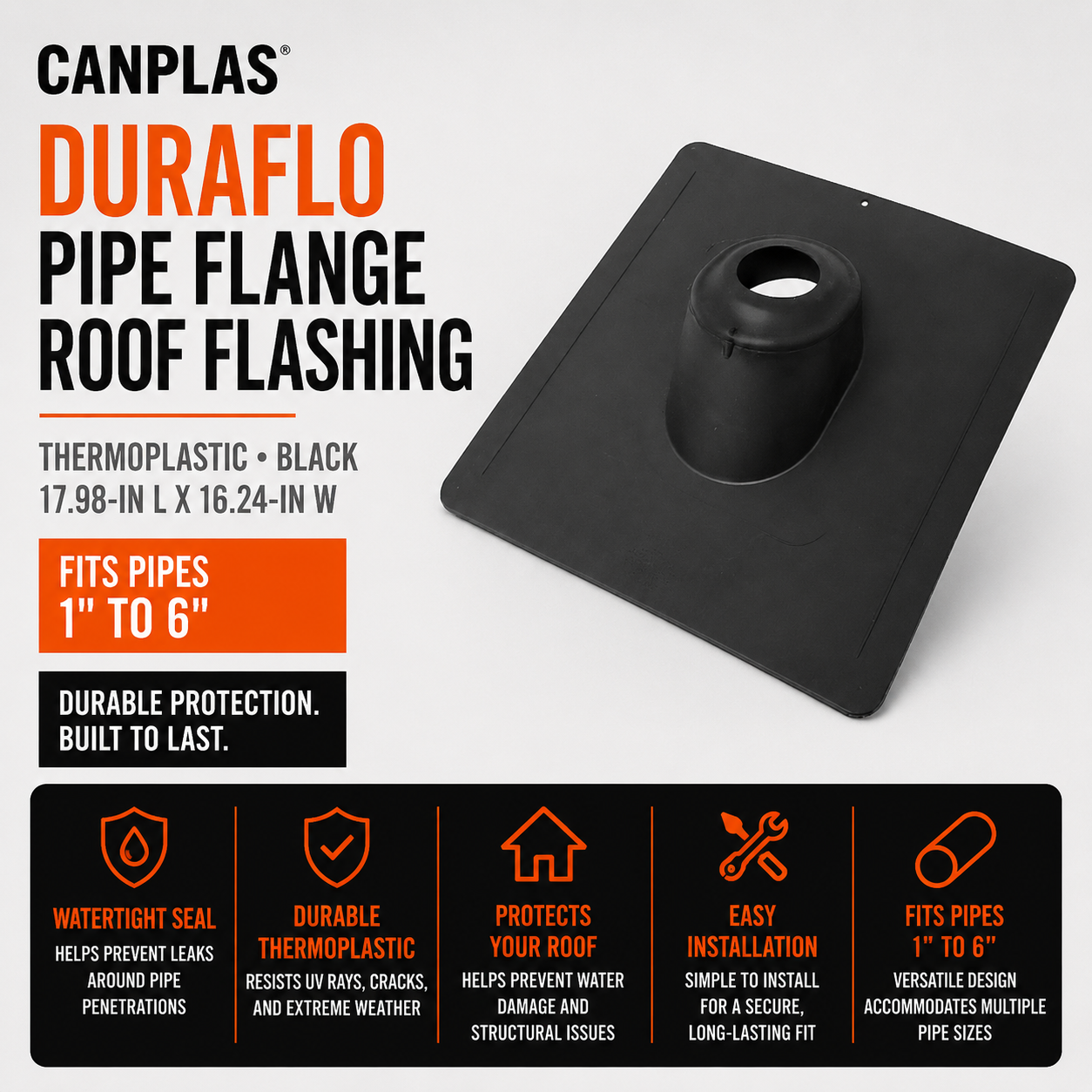 Canplas Duraflo Pipe Flange Roof Flashing - Black - Thermoplastic - 17.98-in L x 16.24-in W