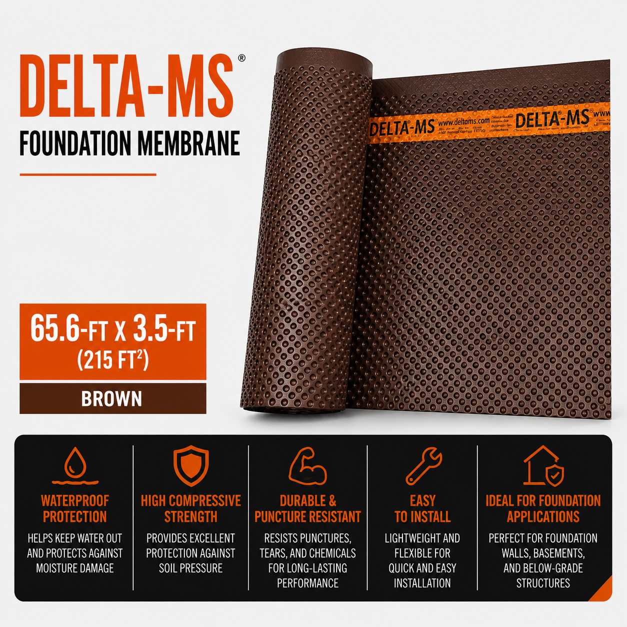 Delta-MS Foundation Membrane - Waterproof - Polyethylene Resin - 65.6-ft x 3.5-ft - Brown