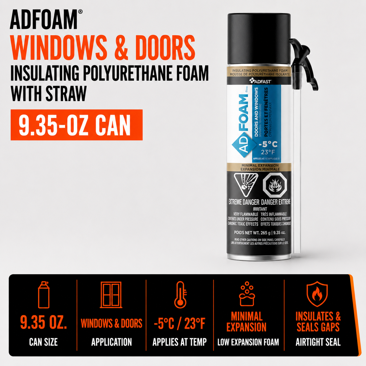 ADFoam Insulating Polyurethane Foam for Windows and Doors with Straw - 9.35-oz