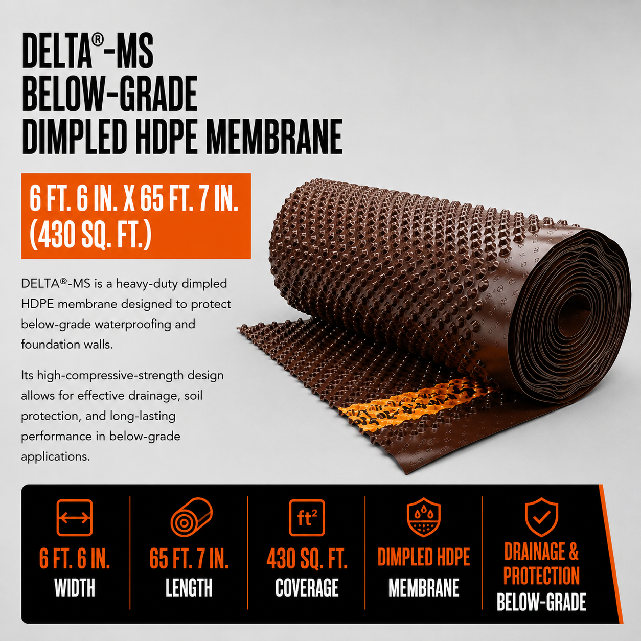 6 ft. 6 in. x 65 ft. 7 in. Roll DELTA®-MS Below-Grade Dimpled HDPE Membrane (430 sq. ft.