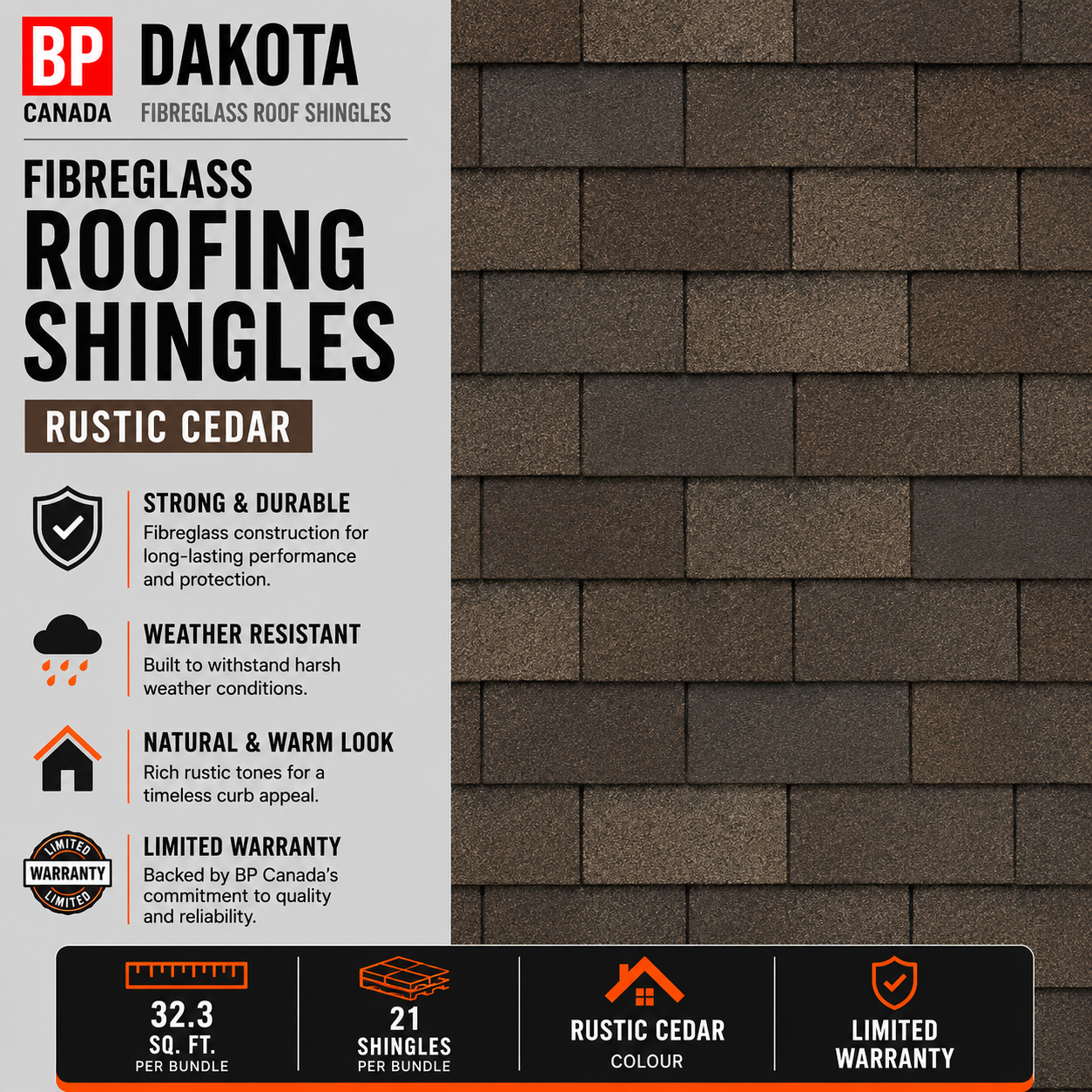 BP Dakota Shingles - Fibreglass - Rustic Cedar - 21/Pack