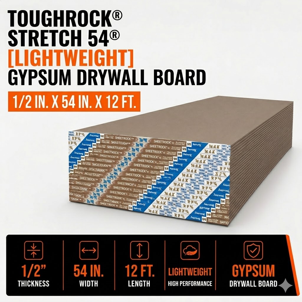 `1-2 in x 54 in x 12 ft ToughRock Stretch 54 Lightweight Gypsum Drywall Board`