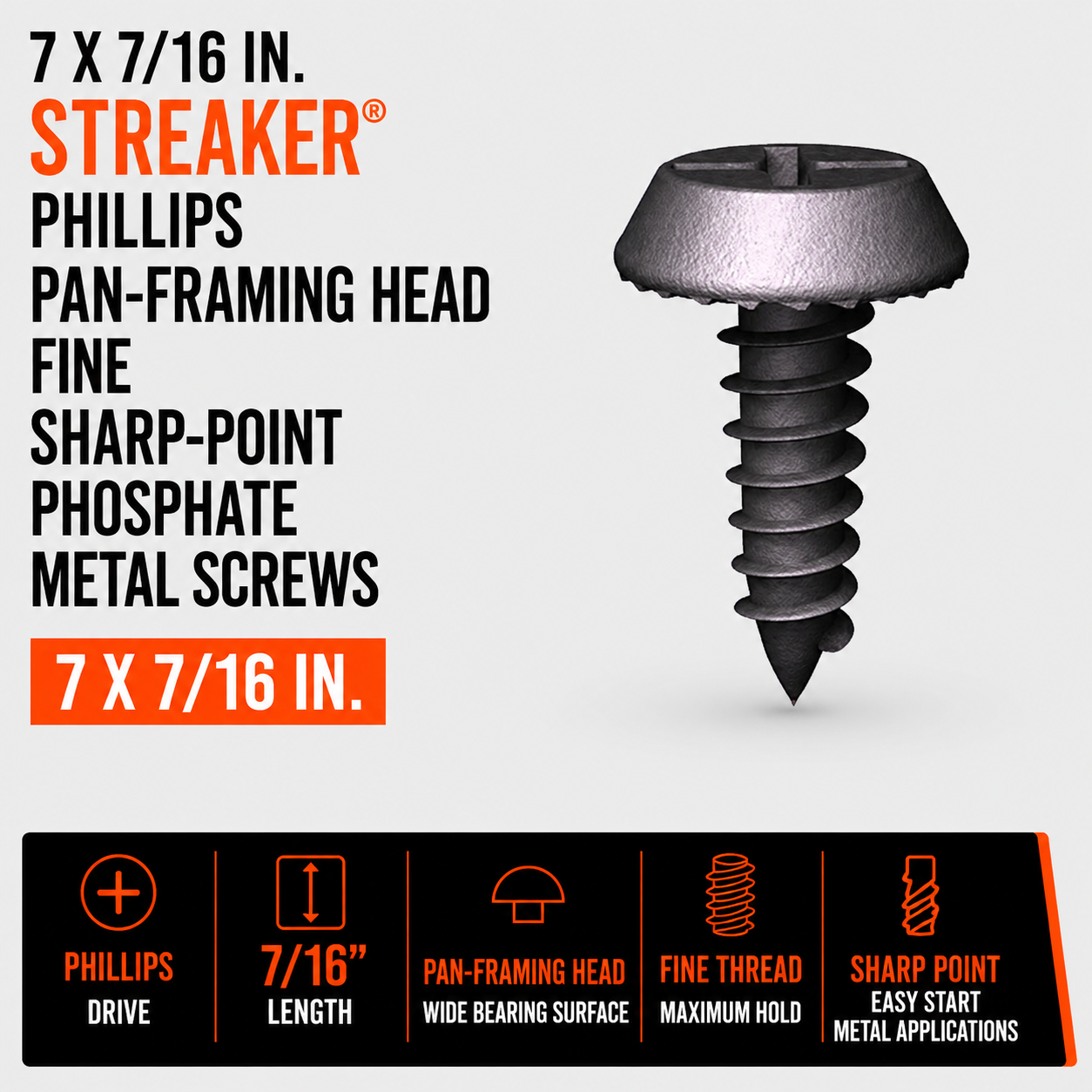7 x 7-16 in. Streaker Phillips Pan-Framing Head Fine Sharp-Point Phosphate Metal Screws