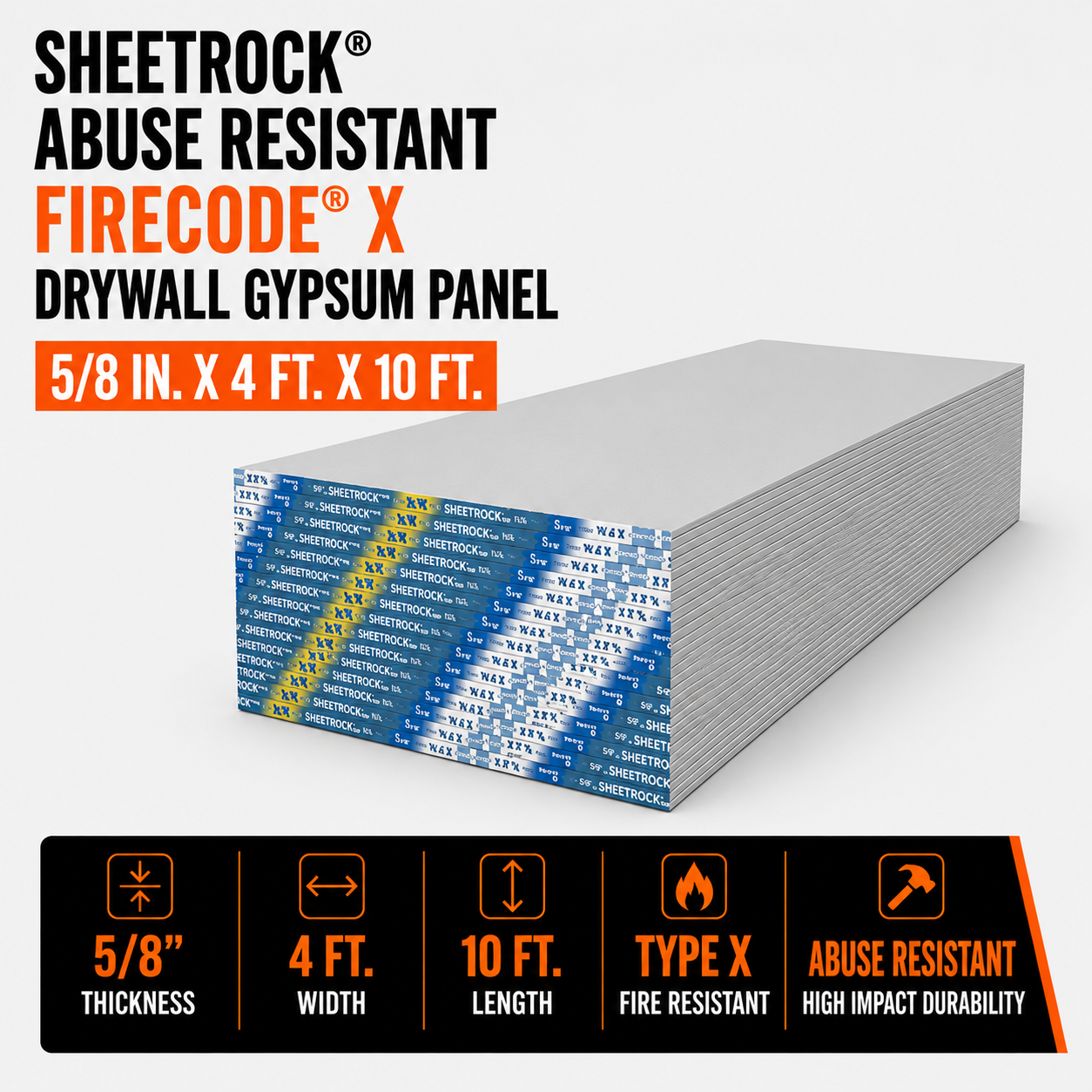 5/8 in. x 4 ft. x 10 ft. Sheetrock® Abuse Resistant Firecode® X Drywall Gypsum Panel