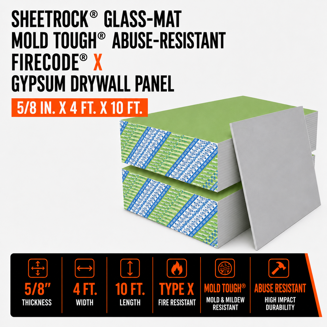 5/8 in. x 4 ft. x 10 ft. Sheetrock® Glass-Mat Mold Tough® Abuse-Resistant Firecode® X Gypsum Drywall Panel