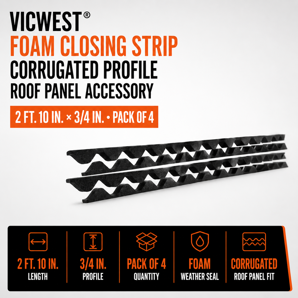 Vicwest Foam Closing Strip for Corrugated Profiles 2-ft 10-in x 3-4-in - Pack of 4