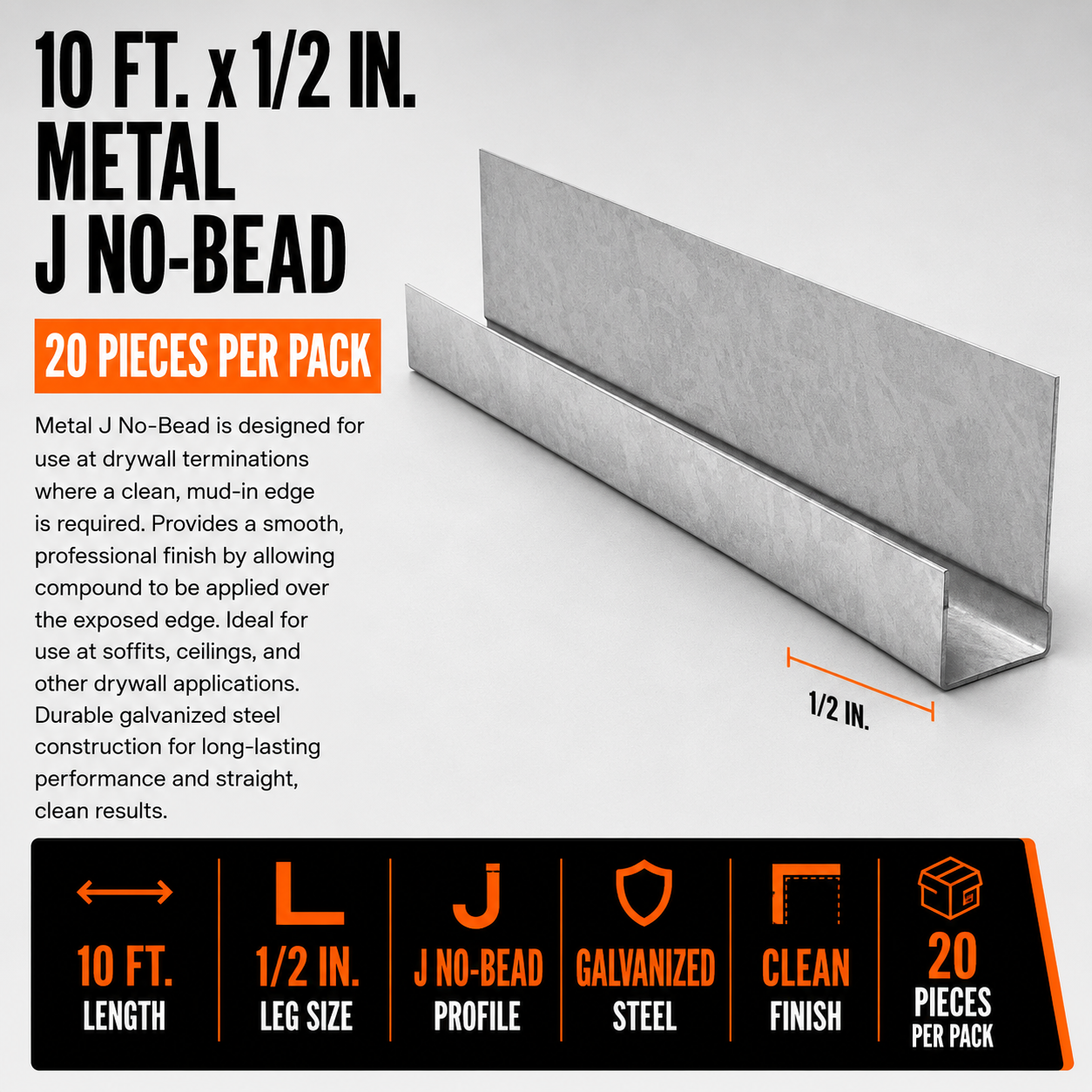 10 ft. x 1/2 in. Metal J No-Bead (20 Pieces Per Pack)